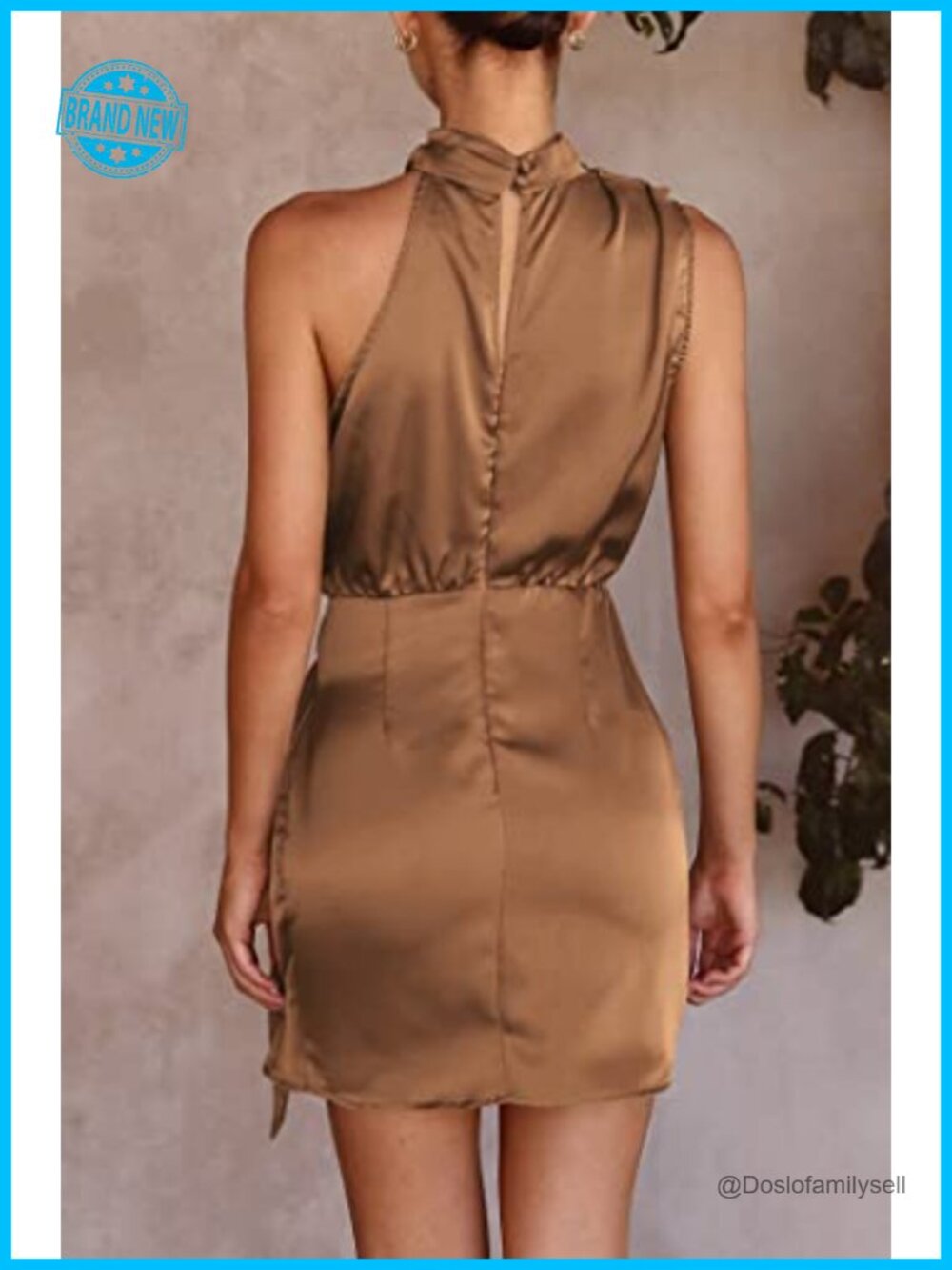 Satin Mock Neck Tie Waist Mini Dress Sleeveless Bodycon Cocktail Party - Picture 4 of 6